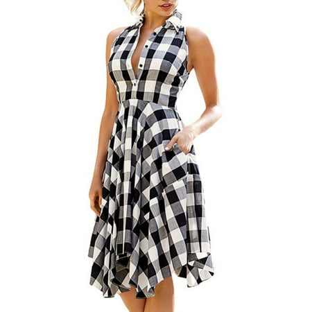 - Babula Women Button Up Sleeveless Asymmertrical Hem Plaid Shirt Dress