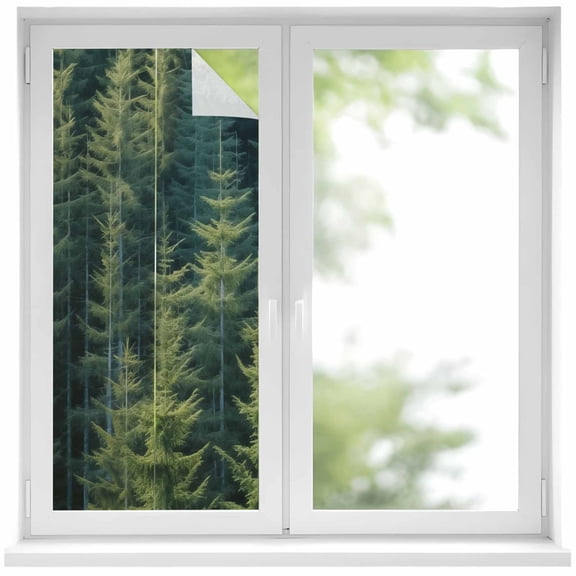 Green Forest Window Privacy Film, Pine Tree Summer Botanical Modern Art Static Cling UV Sun Blocking Heat Control Window Tint Day and Night, Non-Adhesive One Way Windows Privacy Cover 19.6''x39.3''