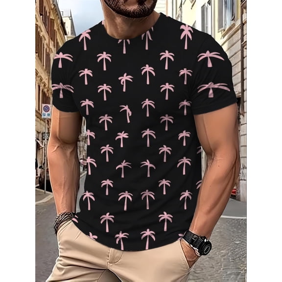 Men's crew neck T-shirt with a modern tropical design and a vibrant pink palm print on a black background is light and suitable for summer wear