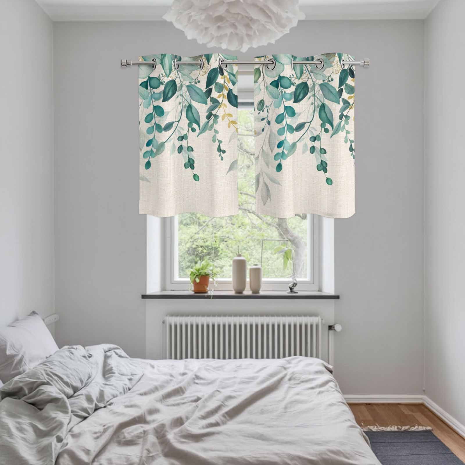 2 Panels Kitchen Tier Curtains 39 Inch Length, Teal Green Eucalyptus Grommets Window Treatment Curtain, Farmhouse Weeping Leaves Linen Thermal Curtains Drapes for Living Room/Bathroom