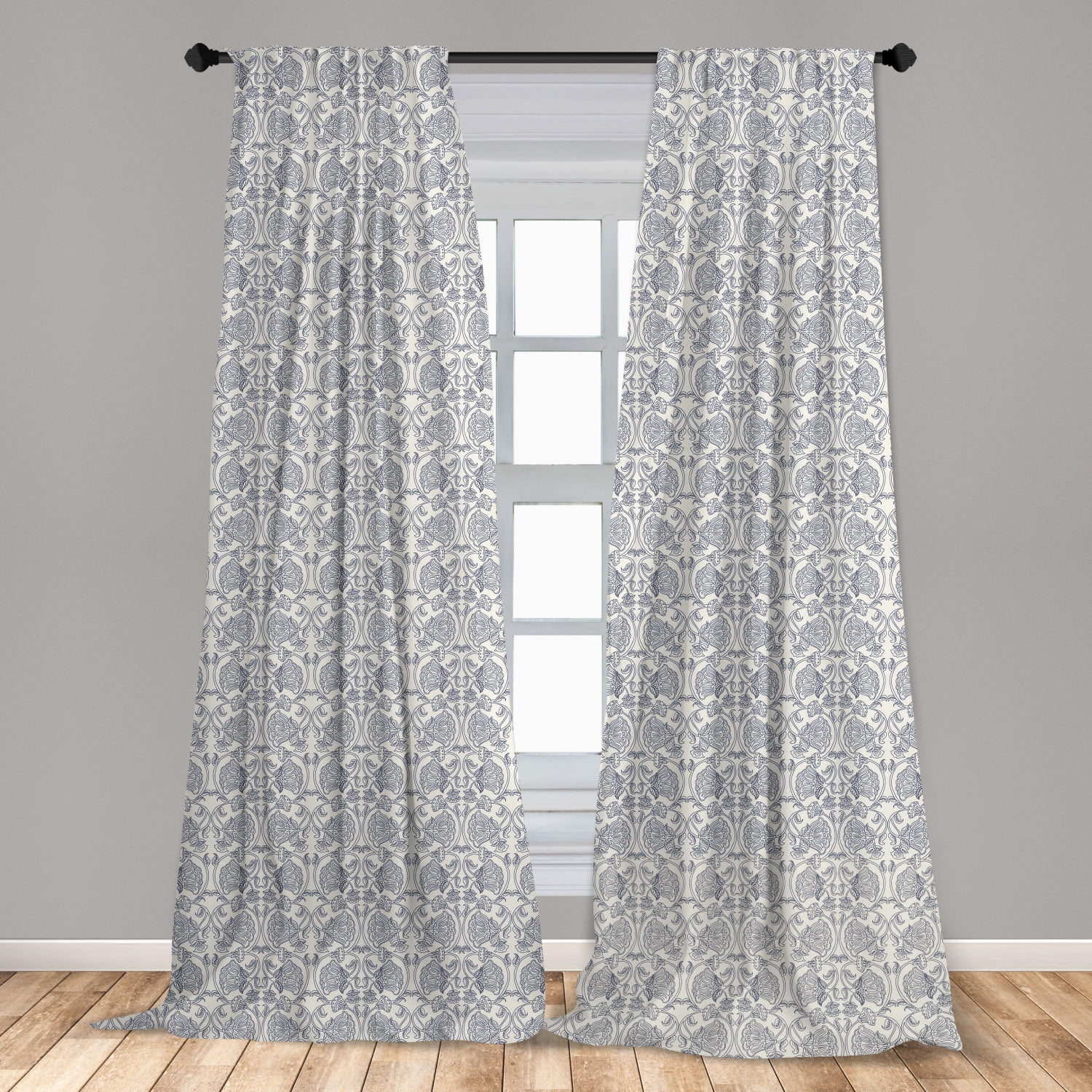 Victorian Curtains 2 Panels Set, Continuous Delicate Thin Line Drawn