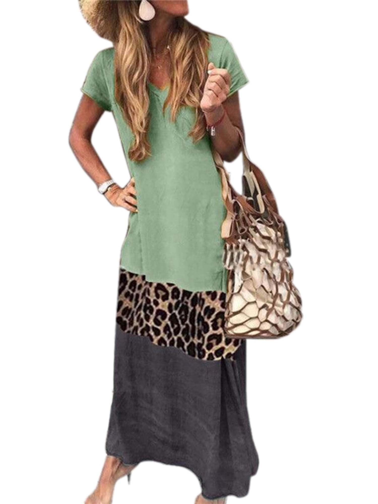 Womens Summer Maxi Dress,Ladies Short Sleeve V Neck Casual Leopard Patchwork Plus Size Long Dress