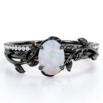 JeenMata Prong Setting 1.5 Carat Ovate Rainbow Opal and Moissanite Leaf Design Wedding Ring Set in 18K Black Gold Plating over Silver