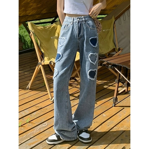 Women's Y2K Heart Patch Wide Leg Jeans Mid Rise Distressed Vintage Denim Sweet Edgy Streetwear