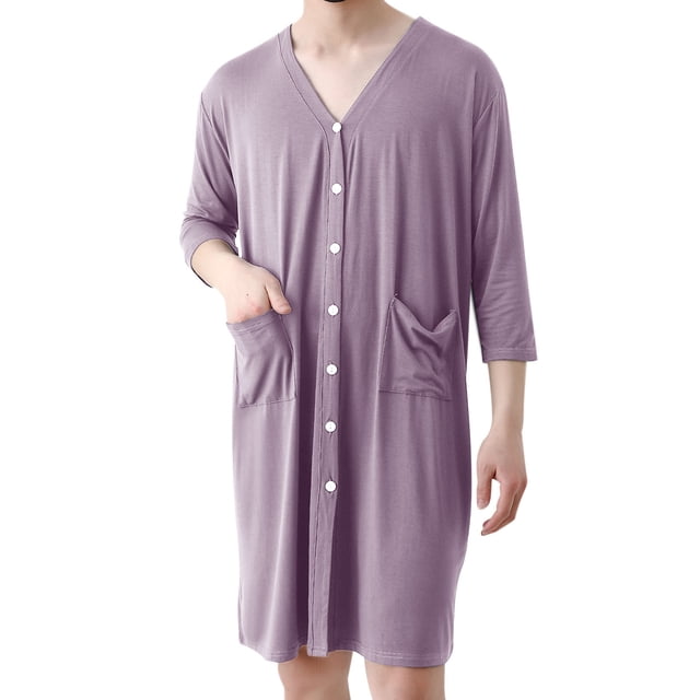 Men's Viscose Rayon Cardigan-Style Pajama Robe with V-Neck and Pockets
