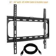 Fixed TV Wall Mount Bracket Fits 26-55" TV's 400 x 400 VESA Low Profile Ultra Slim including Bubble Level & 6ft. HDMI Cable (KORAMZI KWM989F) - Black