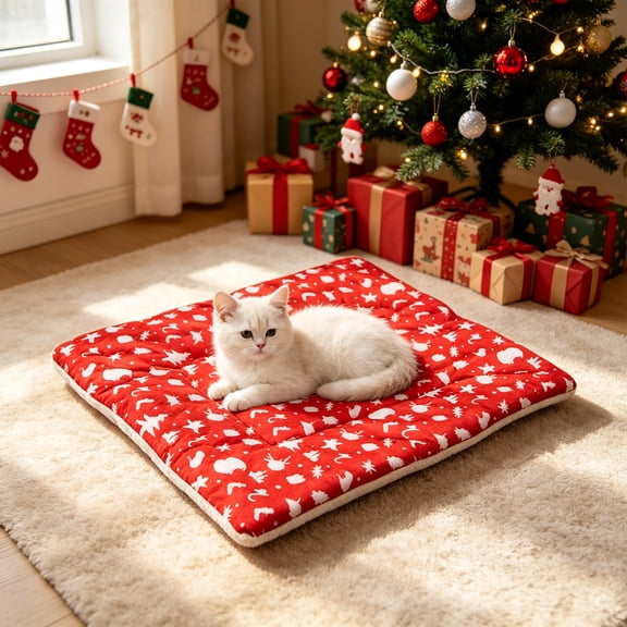 Christmas Pet Sleeping Mat, Thick Soft Cushion with Non‑Slip Bottom, Washable Snug Rest Pad for Cats and Dogs,13.78x9.84in