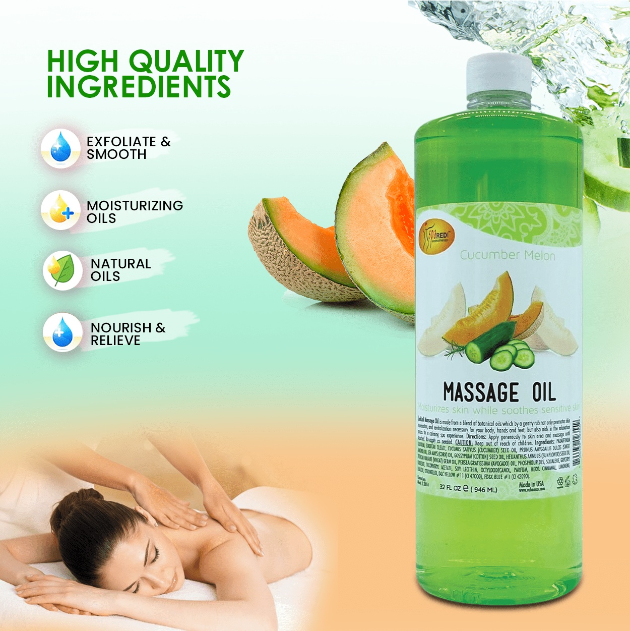 SPA REDI - Massage Oil, Cucumber Melon, 32 Oz - Professional Full Body Massage Therapy, Manicure, Pedicure - Relax Sore Muscles and Repair Dry Skin, Enhanced with High Absorption Oils and Vitamin E