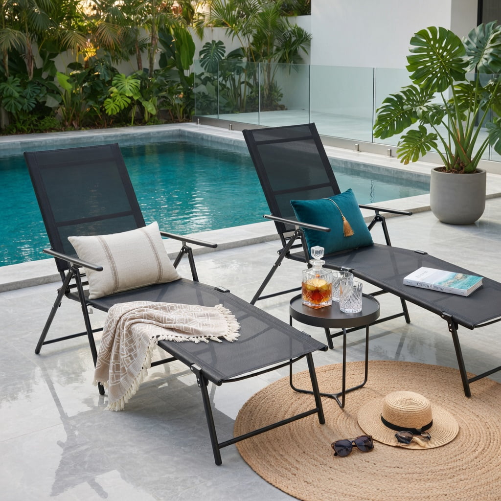 Hommoo 2-Pack Foldable Patio Chaise Lounge Chairs with 6-Position Reclining Backrest, Heavy-Duty Metal Frame, Quick-Dry Fabric, Black