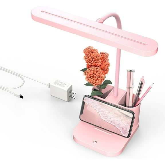 Pink Desk Lamp for Home Office, Cute Table Lights for Bedrooms, Kawaii, Dimmable LED, Flexible Gooseneck, Pen Holder, Touch Control, Room College Dorm Essentials for Teen Girls Kids