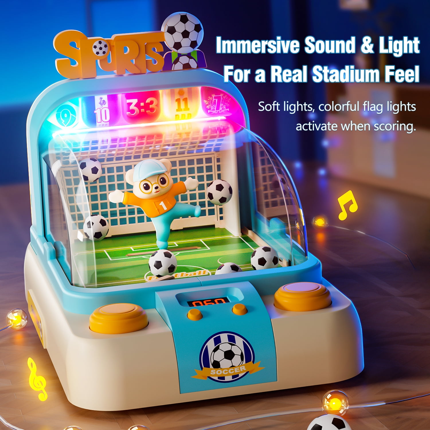 Kids Interactive Soccer Game Machine with Moving Goalkeeper, Lights & Sounds, Tabletop Football Toy for Boys Girls Ages 3+（BLUE)