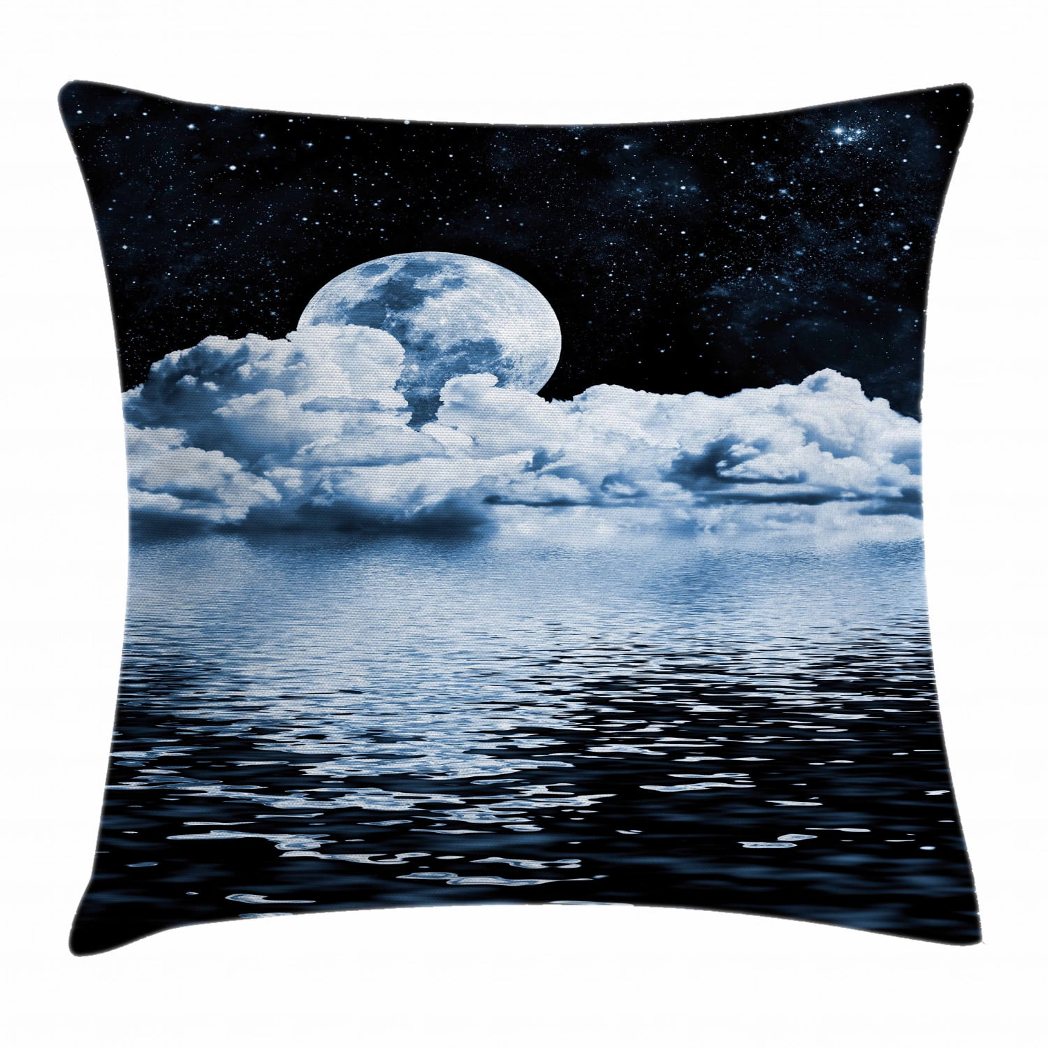 Moon Throw Pillow Cushion Cover, The Moon Setting over Clouds Water Reflections Stars Universe