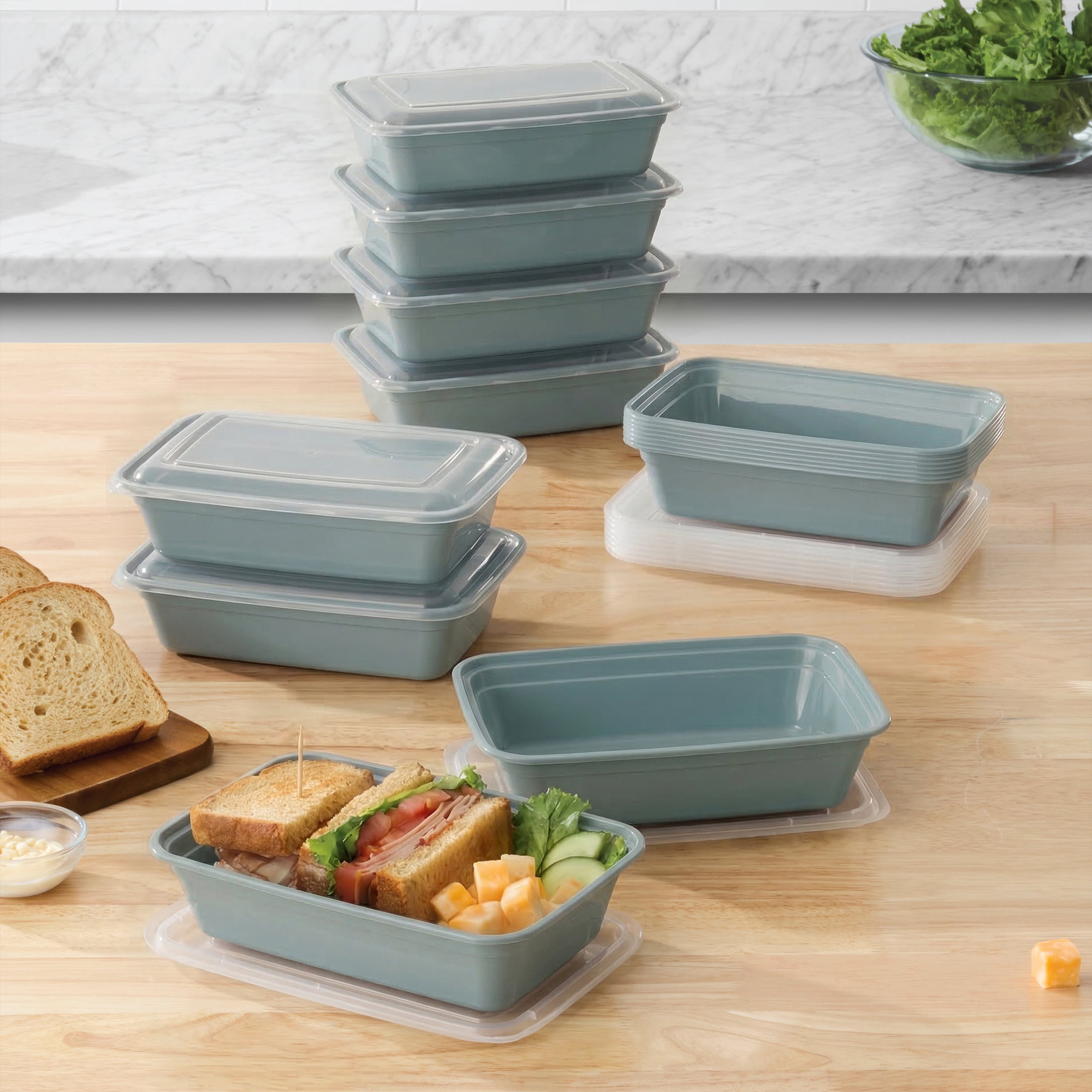Mainstays 15-Pack 1-Compartment BPA-Free Plastic Meal Prep Food Storage Containers, Blue Cameo