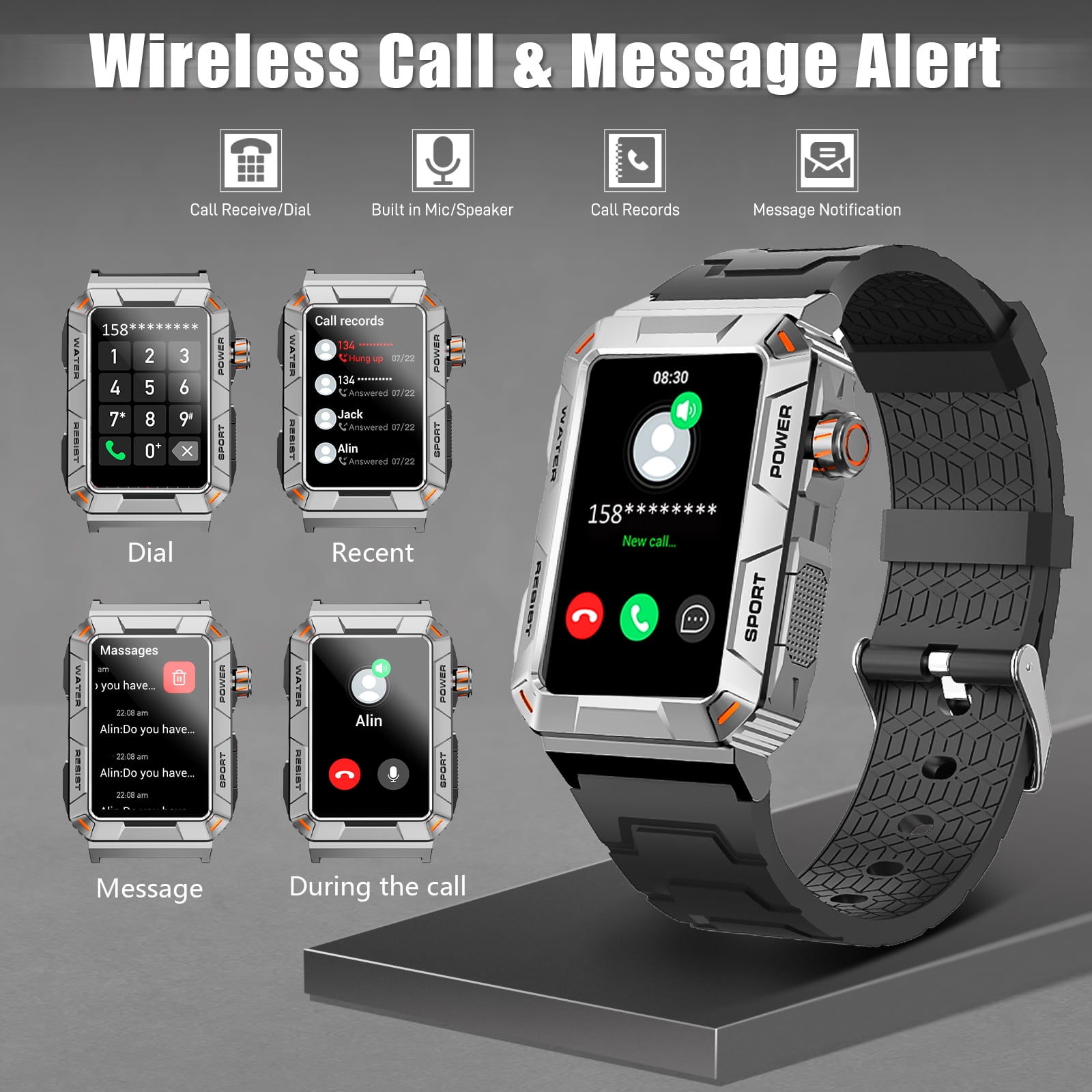 VOPOCO MT88 Rugged Smartwatch Big Screen HD Smart Watch for Men IP67 Waterproof Outdoor Watch Compatible with iOS Android, 1pc