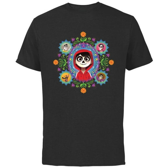 Disney and Pixar’s Coco Miguel Colorful Florals - Short Sleeve Cotton T-Shirt for Adults - Customized-Black