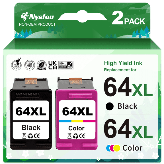 64XL Ink Cartridges Compatible for 64 Ink Cartridges for   Envy Photo 7855 7858 7155 6252 7800 7100 Envy Inspire 7255e 7955e 7958e 7900e Tango Series Printer (1 Black, 1Tri-Color)