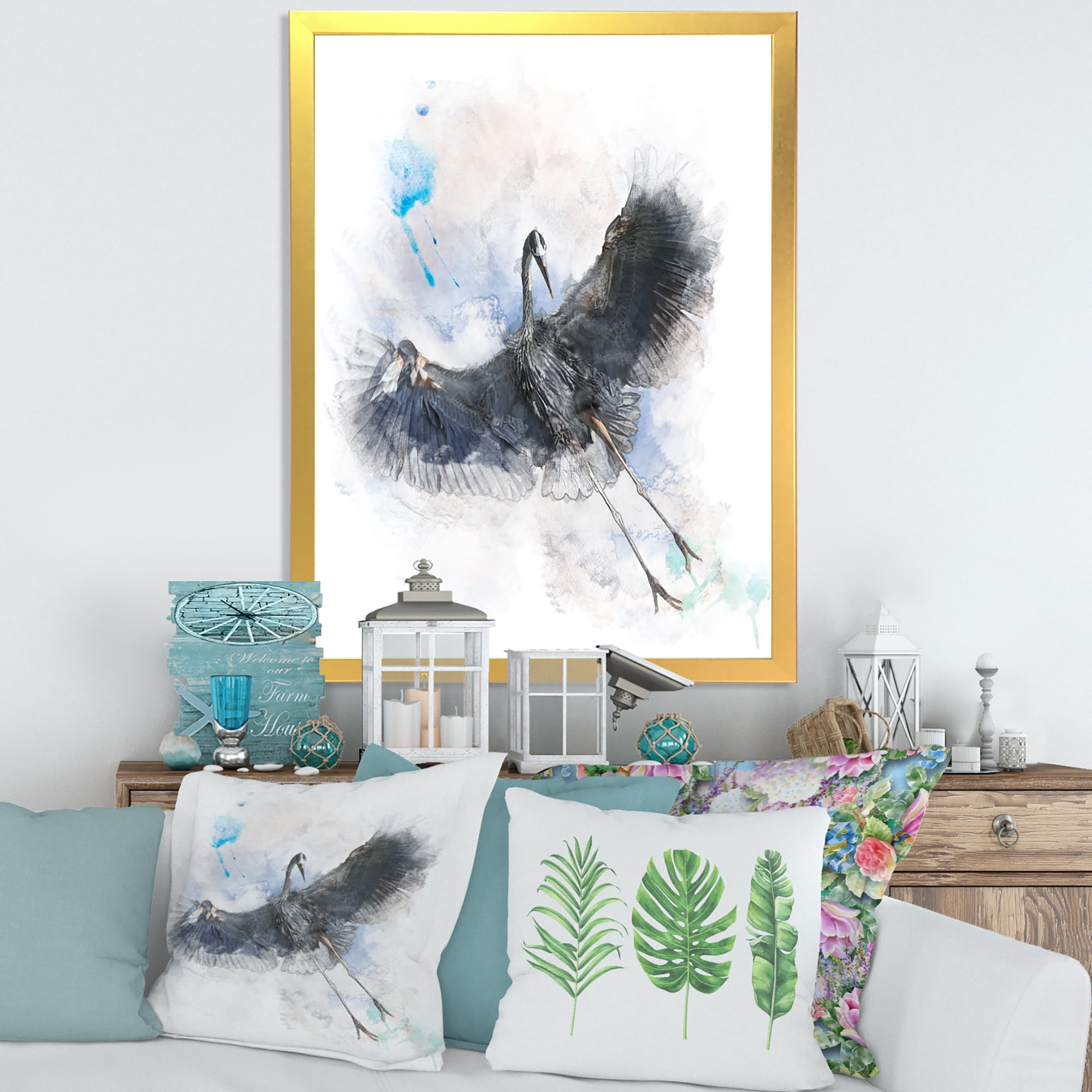 Designart 'Great Dark Blue Heron Bird Illustration' Farmhouse Framed Art Print