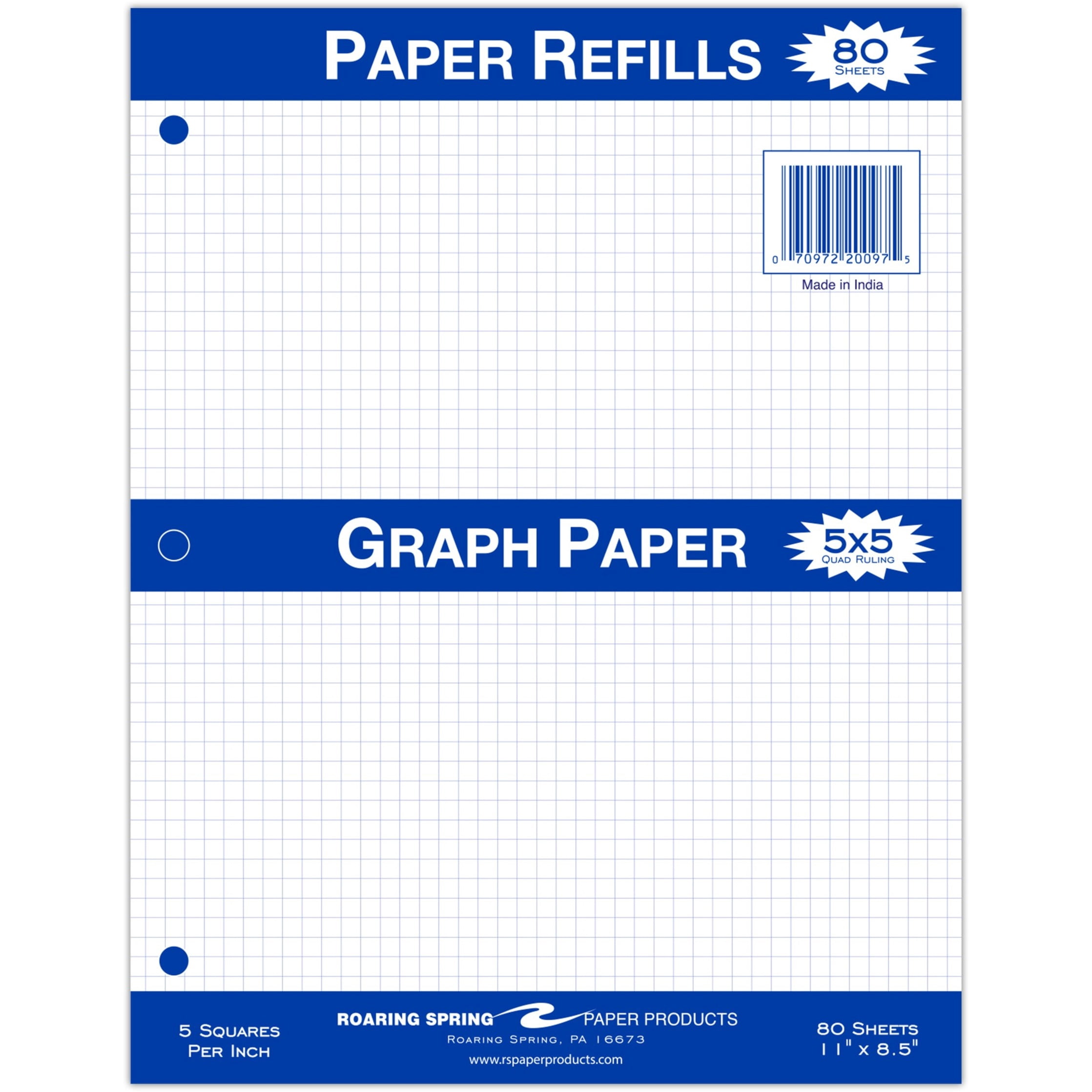 Roaring Spring 5x5 Graph Ruled Loose Leaf Filler Paper, 3 Hole Punched, 1 Case (24 Packs), 11" x 8.5" 80 Sheets, White Paper