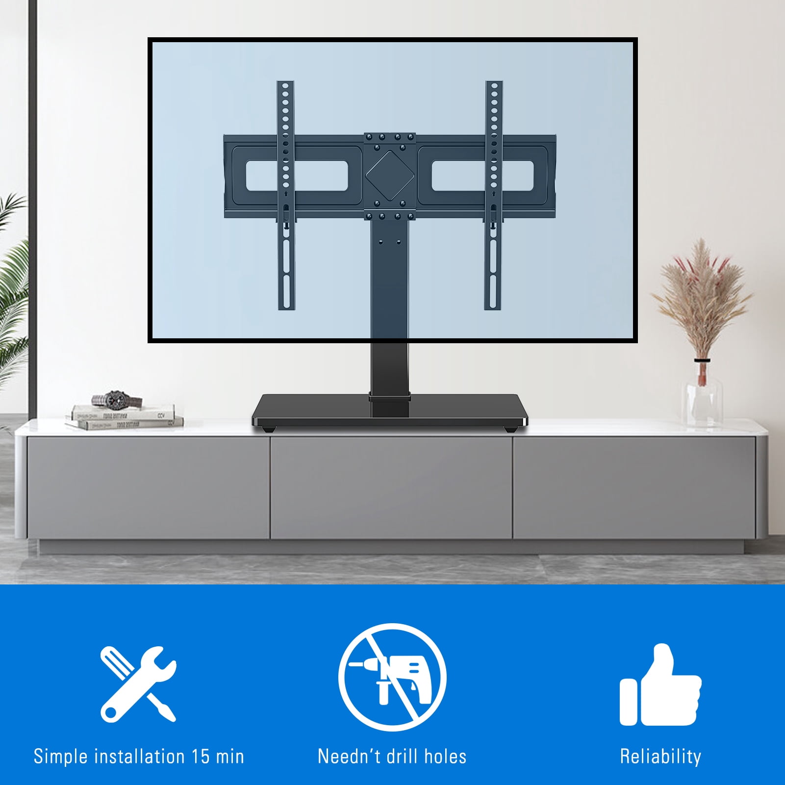 HOMOUNT Universal Table Top TV Stand for 37"-75" Flat Screen TVs, 9 Height Adjustable, Tilt, Swivel TV Base with Tempered Glass Base,TV Mount Hold up to 88lbs