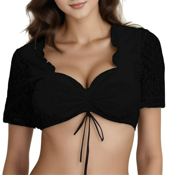 PMVFHDE Elegant Lace Dirndl Blouse for Oktoberfest - Women's Black Blouse for Stylish Celebrations and Festive Occasions Black,S