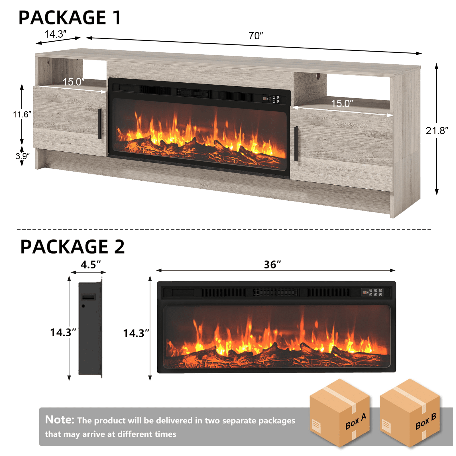 Rocyis 70” TV Stand with 3D Realistic Log Flame Electric Fireplace, Entertainment Center for TVs Up to 80-Inch, Modern TV Console with High Glossy Doors & LED Lights, Gray