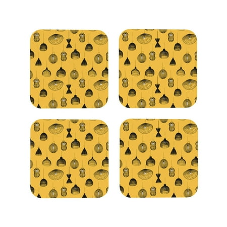 

Leather Coasters Set of 4 - Light Bulbs Print yellow Lightweight Non-Slip Drink Coasters for Desk Anti-Scalding Desk Cup Coasters for Office Table Decor Square
