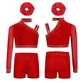 thumbnail image 3 of inlzdz Girls Ballet Jazz Hip Hop Modern Dance Outfits One Shoulder Crop Tops with Shorts Hairband Set Red 10, 3 of 4