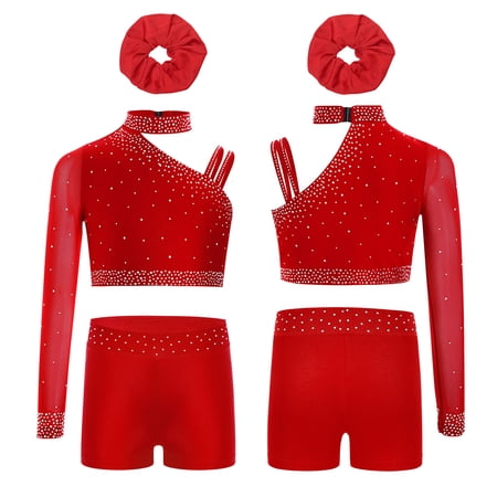 Sholeno Girls Athletic Workout Suit Gymnastics Crop Top with Shorts Hairband Dance Tumbling Outfit Red 10
