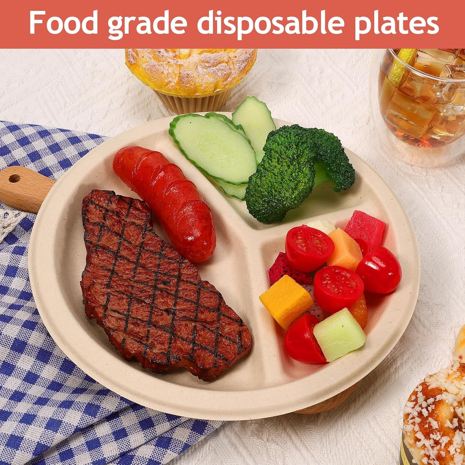 125 Pack 3 Compartment Paper Plates,Compostable Paper Plates,Disposable Paper Plates,9 Inch Heavy Duty Biodegradable Plates for Daily Meals,Food Grade Sugar Cane Fiber