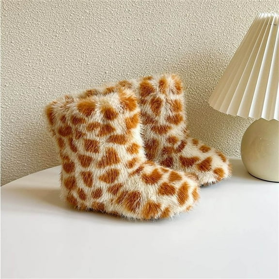 Miluxas Girls Boys Kids Faux Plush Boots Spotted Fuzzy Fluffy Warm Winter Snow Boots Flat Shoes Outdoor Soft Soled Cotton Boots Brown 12.5(30)