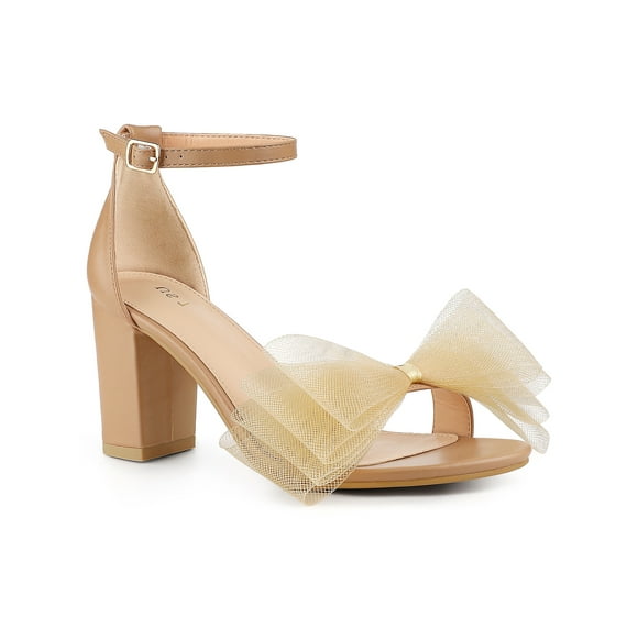 BLISSFUL STEP Women's Strappy Bow Tie Block High Ankle Heel Sandals Nude 8.5