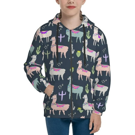 

Hoodies for Women alpacas llama cactus navyblue Long Sleeve Sweatshirt Drawstring Zip Up Hoodie with Pockets Teen Girl Clothes