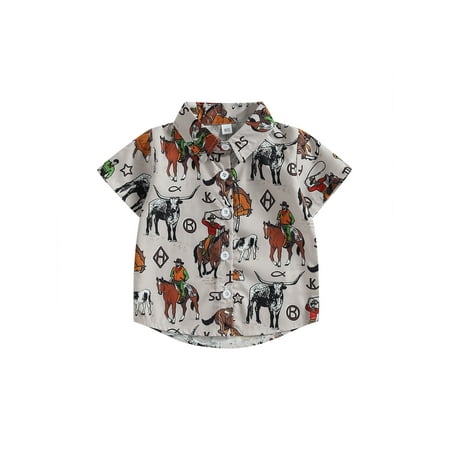 

Inevnen Toddler Boys Shirt Short Sleeve Lapel Cattle/Guitar Hat Boots Print Button Tops