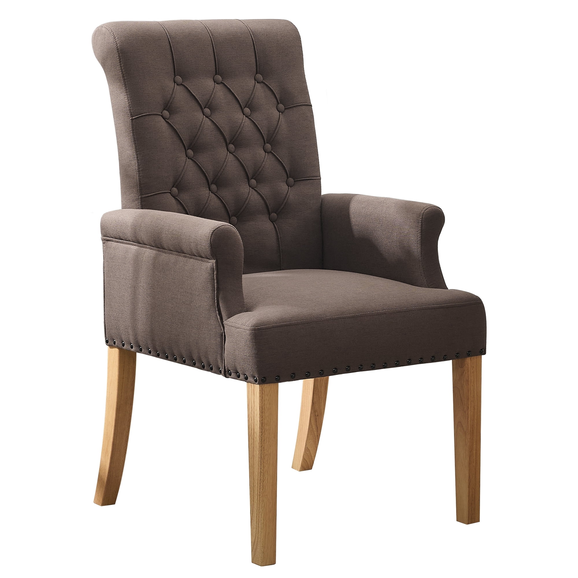 Fabric Upholstered Dining Chair with Arms, Tufted High Back Accent Coffee Armchair for Kitchen Dining Room Living Room, Brown
