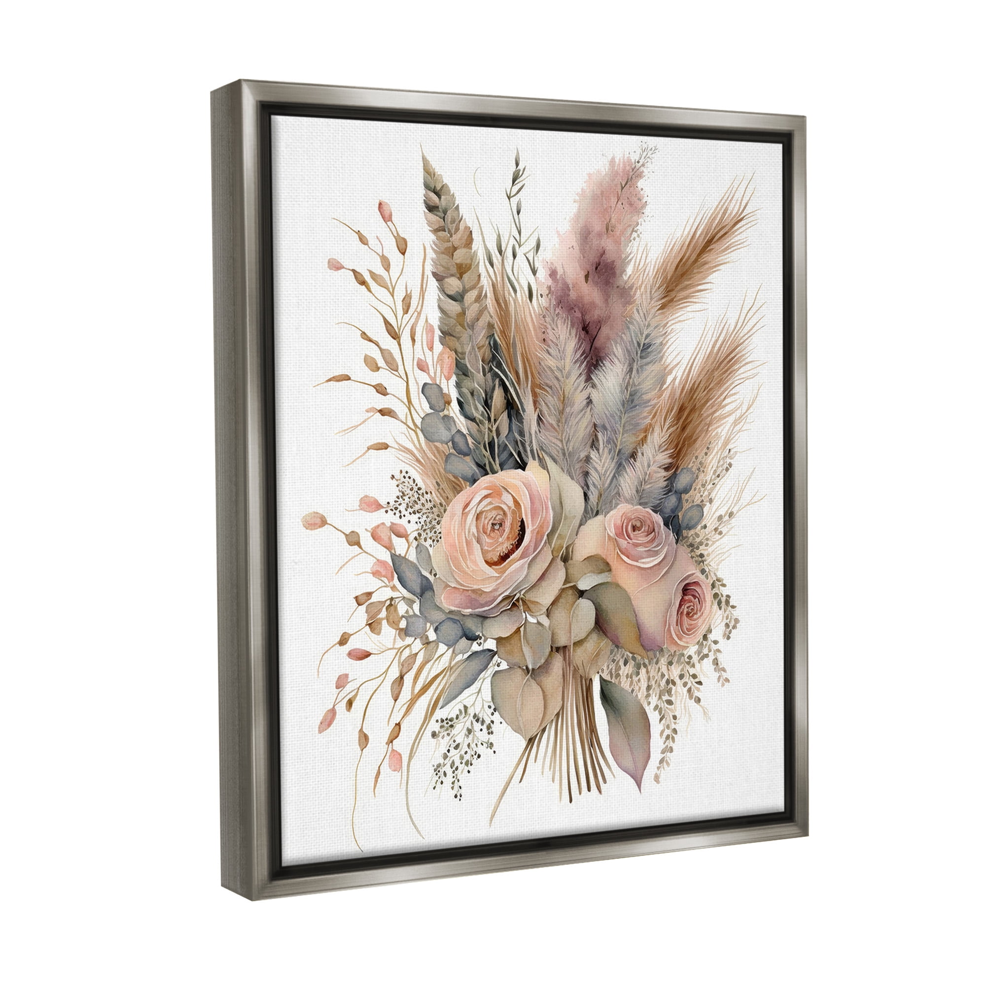 Stupell Industries Boho Rose Pampas Botanical & Floral Painting Gray Floater Framed Canvas Art Print Wall Art, 25 x 31