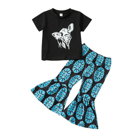 

Teen Girl Outfits for Juniors New Baby Clothes Toddler Girls Short Sleeve Cartoon Cow Printed T Shirt Pullover Tops Bell Bottoms Pants Kids Outfits