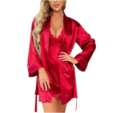 

Lace slip dress sexy cardigan nightgown three-piece mid-length belt Lace Suspender Skirt Sexy Cardigan Nightgown Three Piece Set Medium Length Belt