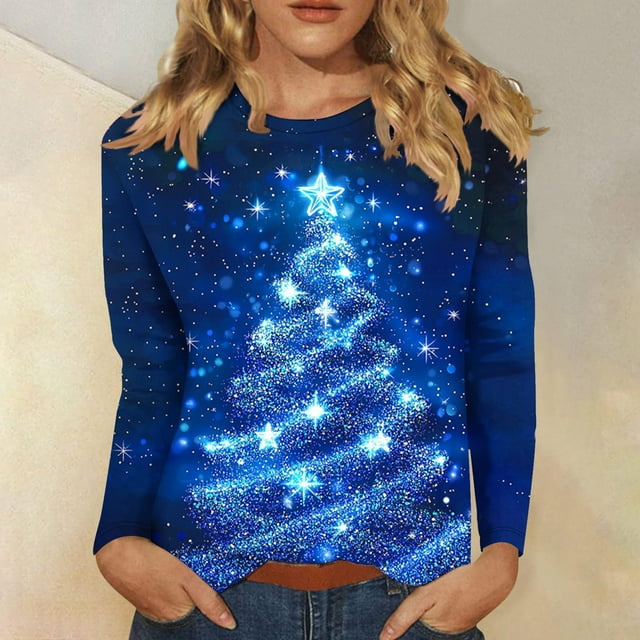 BEFOKA T-Shirts de Noël Amusants pour Femmes, Hauts de Vacances, T-Shirts de Noël pour Femmes, Col Rond, Imprimé Arbre de Noël, Manches Longues, Tenues de Vacances