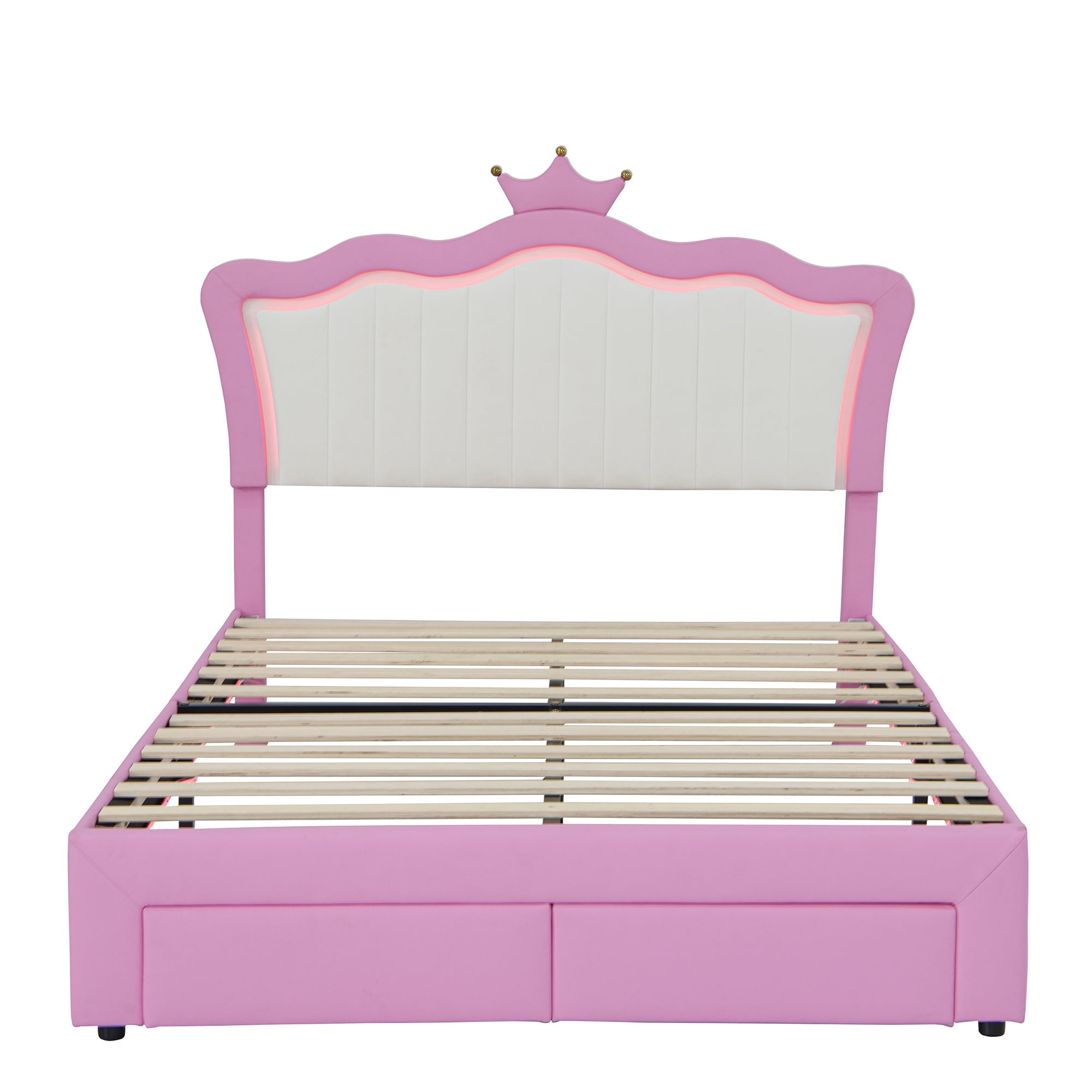 Bellemave Full Size Upholstered LED Bed with Storage Drawers, Princess Platform Bed with Crown Headboard, Pink Cute Girls Full Beds with Wooden Slats Support, No Box Spring Needed-Pink