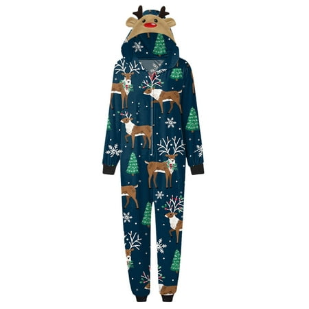 

Eyicmarn Family Matching Christmas Pajamas Jumpsuits Cartoon Elk Santa Snowflake Deer Print Hooded Long Sleeve Zipper-Up Romper Sleepwear