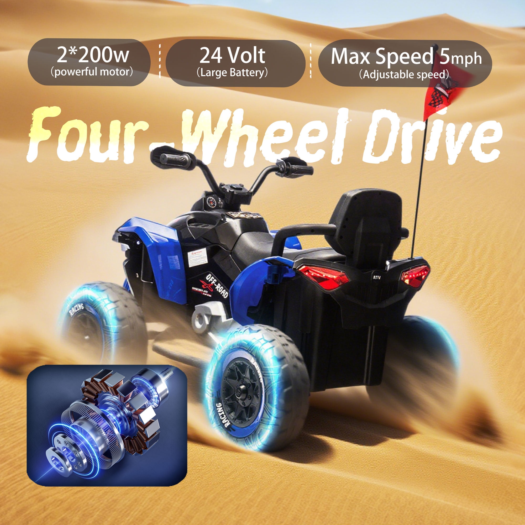 24V 5AH Kids ATV 4 Wheeler, 2 Seater 200W Motors Ride On Toys for Big Kids w/Parents Control, Music, Lights, Bluetooth, Power display, 4 Mph Max Speed, Electric ATV &nbsp;for Kids Aged 3-9, Blue