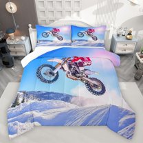 Castle Fairy Motorcycle Motocross 3 Pieces Queen Comforter Set for Female Men,Dirt Bike Ultra Soft Bedding Sets,Extreme Sport Bedding Comforter Set Breathable,Luxury Bedroom Decor