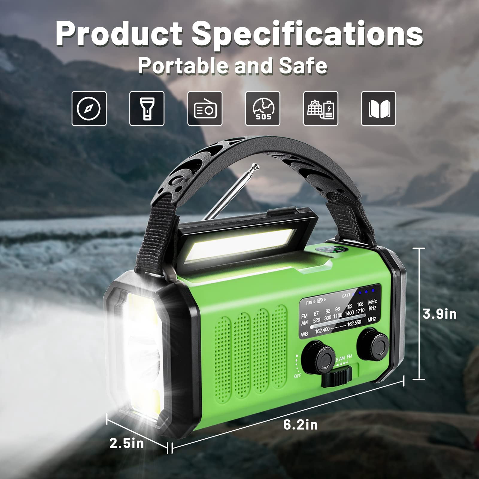 Emergency Hand Crank Radio With 10000mah/37000mwh Backup  Am Fm Noaa Weather Type-c Charge Solar Sos 3 Modes Led Flashlight Reading Lamp Compass For Outdoor