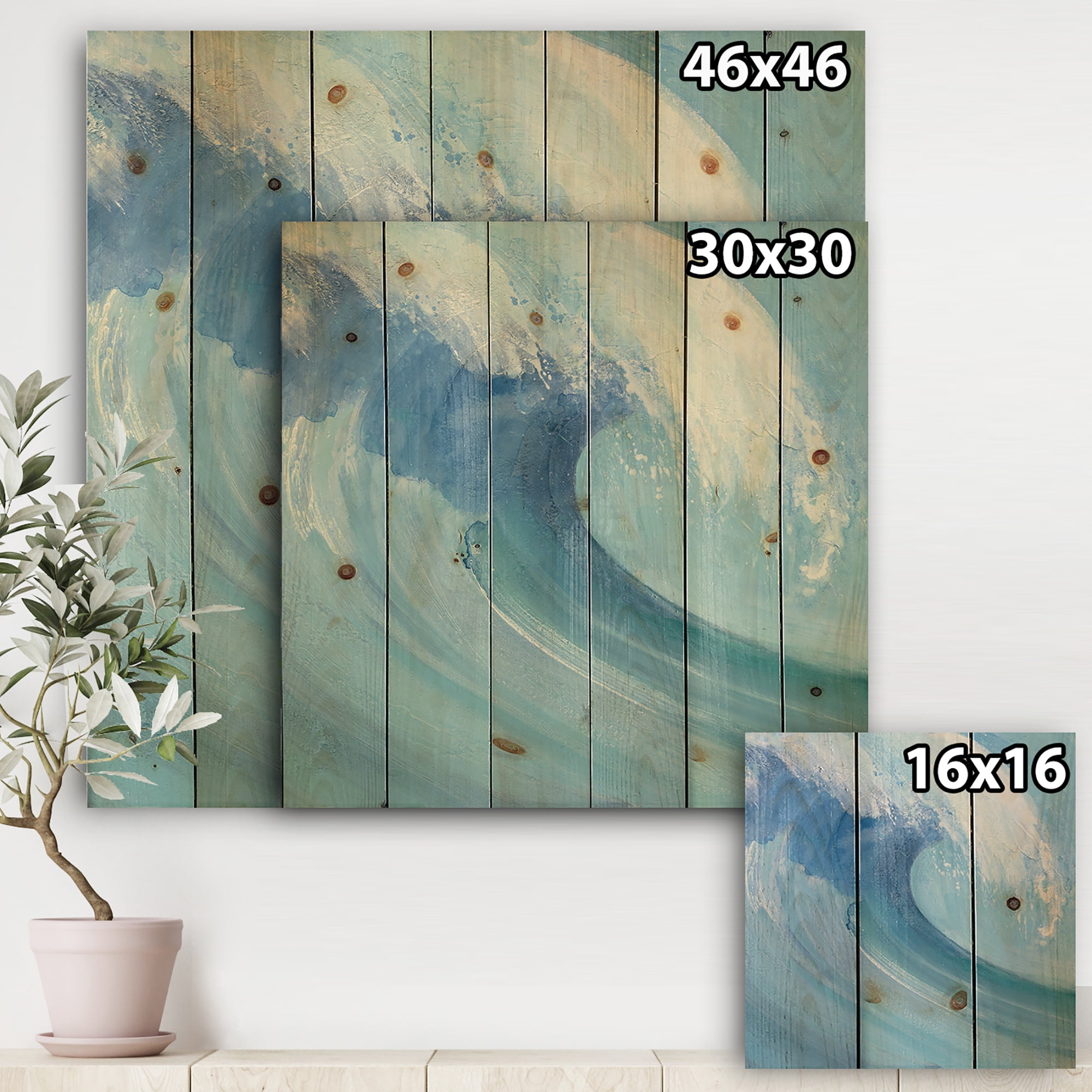 Designart 'Ocean Wave Handpainted with White Foam' Nautical & Coastal Print on Natural Pine Wood