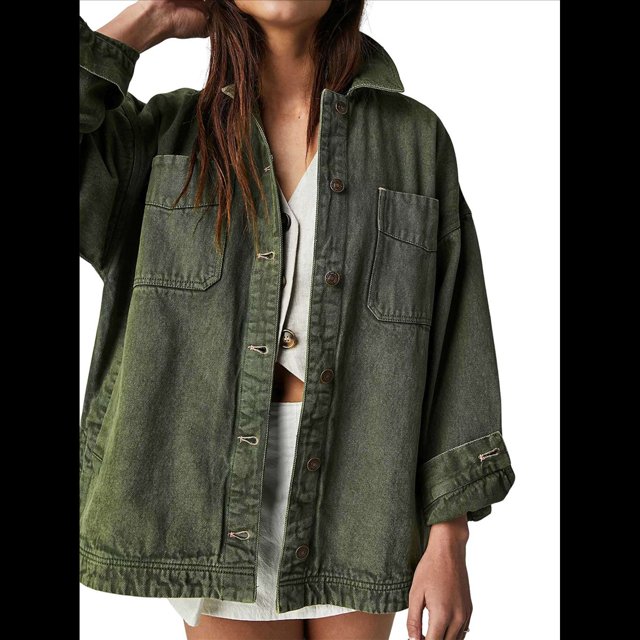 Chaqueta Vaquera Urbana para Mujer: Chaqueta Vaquera Estilo Boyfriend, Holgada, de Larga y con Botones Al Frente. Verde XL