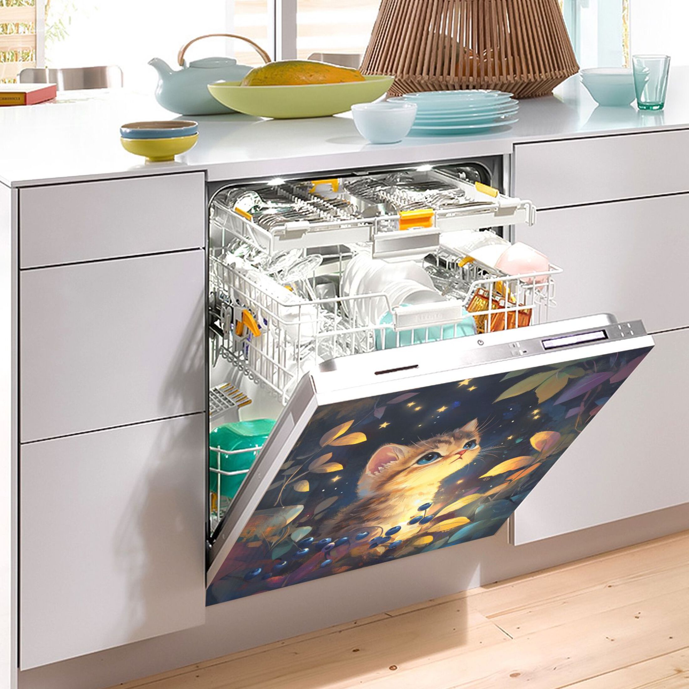Dishwasher Magnetic Sticker 23x26 Inch Refrigerator Magnetic Sticker Washing Machine Magnetic Sticker Kitchen Panel Magnetic Sticker Home Decor Yellow Cute Cat