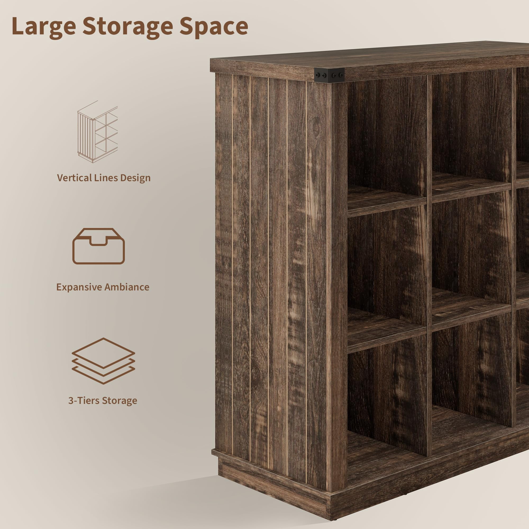 Ataucjin 9 Cube Storage Organizer Bookshelf, 4 Tier Farmhouse Horizontal Bookcase, 37.4 Inch Wood Storage Bookcase for Entryway, Long Low Bookshelves for Living Room