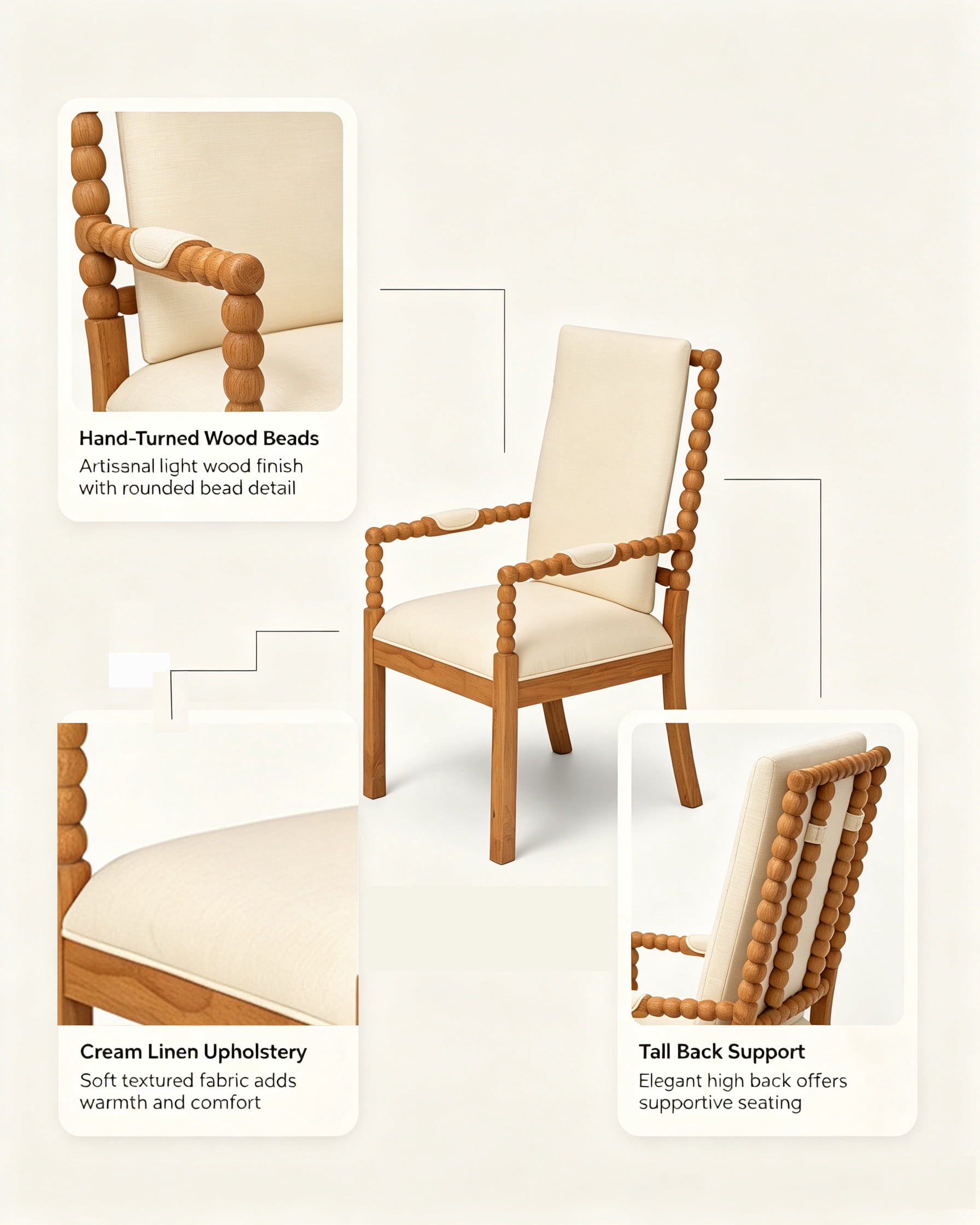 Garitin Dining Chair Set of 2 and Rubber Wood Side Chairs, Fabric Upholstered Seating with Spindle Back for Kitchen and Dining Room, Natural and Beige