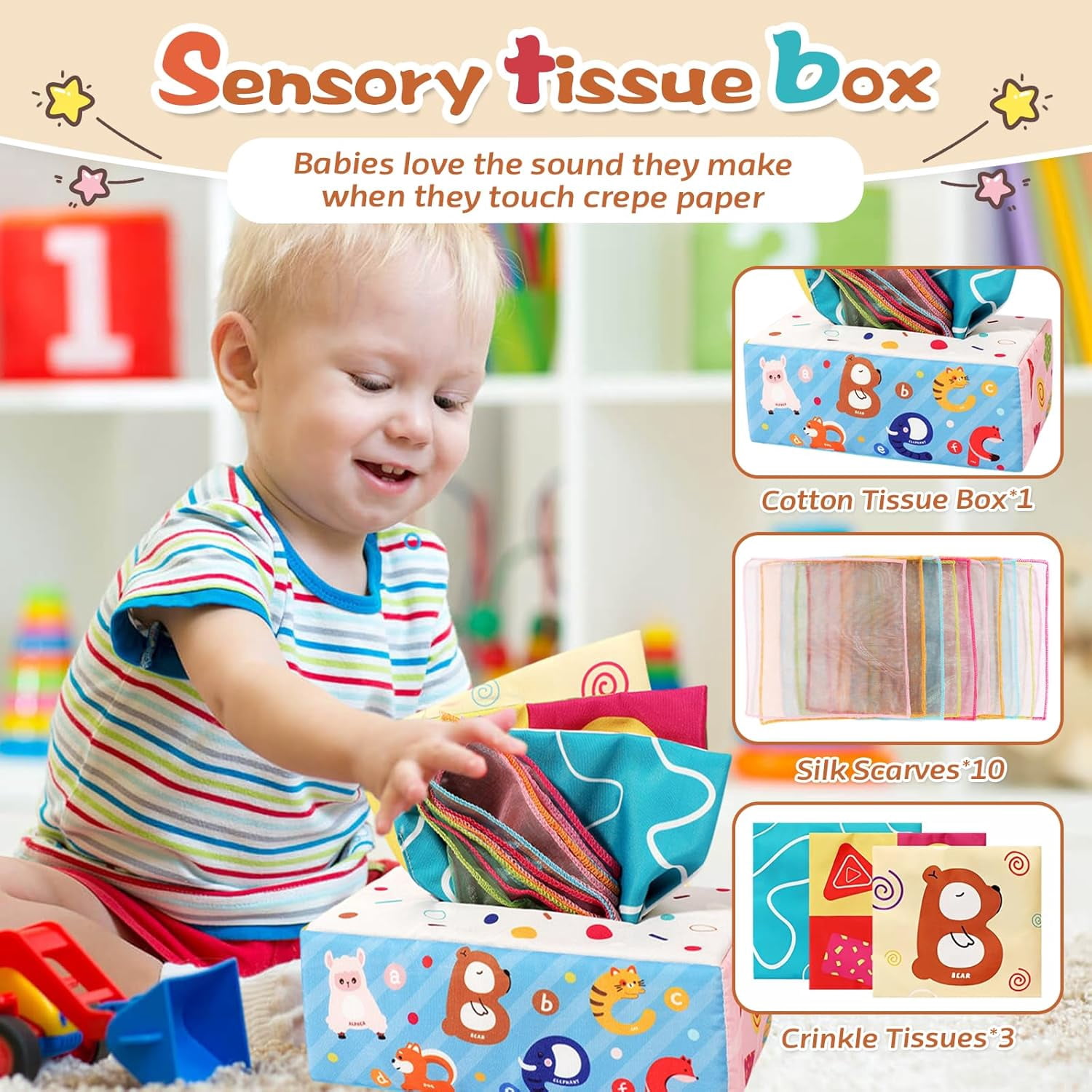 4-in-1 Montessori Baby Toy Set for 6-12 Months, Tissue Box Toy, Stacking Blocks, Building Blocks and Dinosaur Toy, Sensory Gift for Infants