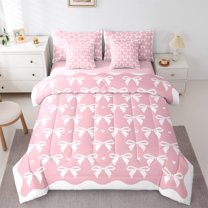 Manfei Dreamy Bow Bedding Comforter Set 7-Piece for Kid, Romantic Love Heart King Bedding Sets, Kawaii Cartoon Bow Reversible Bed Sheets, Super Cozy Room Decor